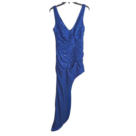 Ieena For Mac Duggal Cobalt Blue Sequin Draped Hi-lo Assymetrical Gown Dress 8 - Picture 4 of 7